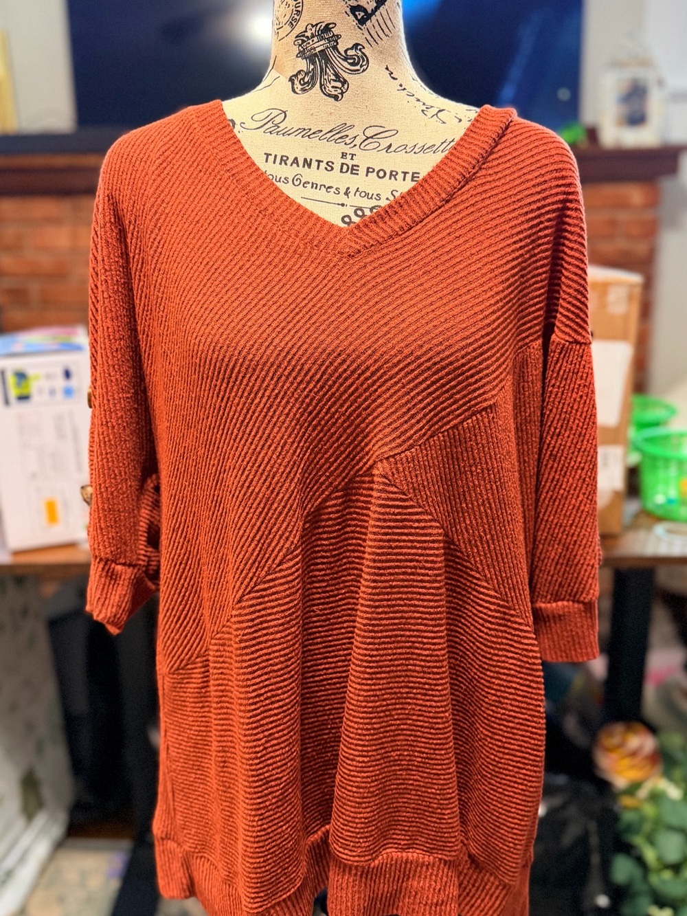 Rust Orange Ribbed V-Neck Tunic Sweater - Russell